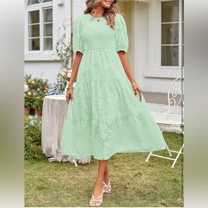 NWT🔥Puff Sleeve Smocked Floral Dress Crewneck Lace Flowy Tiered Midi Dresses